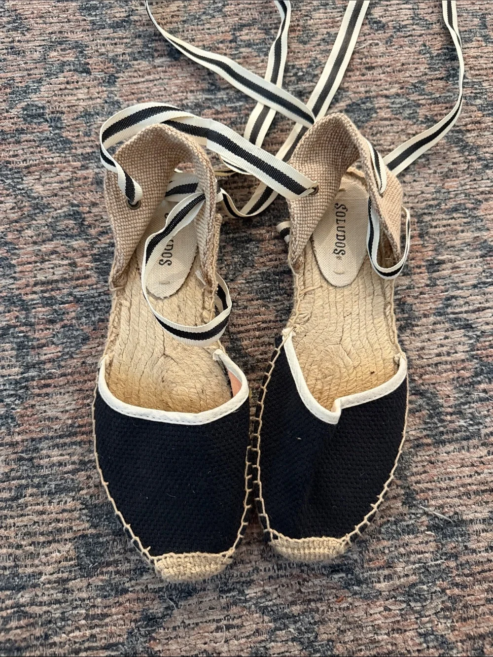 Soludos Black Canvas Espadrille Lace-Up Flats with Cream Trim